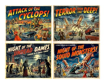 Retro Monster 1950s Movie Poster Stickers for Decor Making, 5" x 4" each, Easy Cut and Peel Sheet, 1547