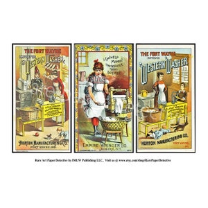 Antike Kleidung Waschmaschine Handelskarten, gedruckt eisern Set von 3, Vintage-Werbung, Wäsche viktorianischen Ära Wringer Ad, Inland Home Werbung, TCS6