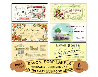 Fransk Savon badtvål, KLÄSTEARKARK, 6 antika franska tvåletiketter, vintage blommig fransk etikett, elegant viktoriansk collage clipart, 518N