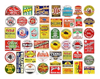 47 Oil and Gasoline Advertising Signs, Model Railroad Signs, Sticker Sheet, Hobby Images, Miniature Rusty Metal Signs, 1584