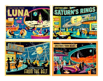 Space Travel Tourist Stickers, Bars & Lounges, Mid-Century Modern Style, 4 Retro Baggage Labels, Cut and Peel Sheet, 1537