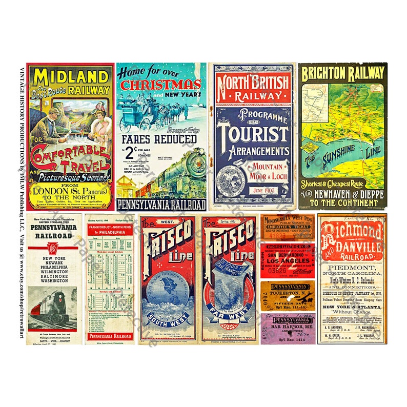 May include: A collage of vintage railway travel posters. The posters feature colorful illustrations and text, advertising destinations like London, New York, and various locations in the US and Europe. The posters are from the Midland Railway, Pennsylvania Railroad, and Frisco Line.