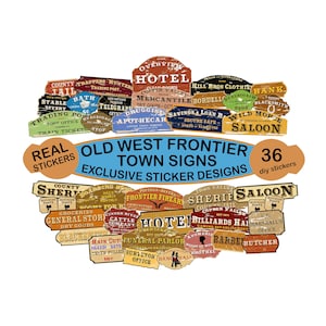 May include: A set of 36 vintage-style Western town sign stickers. The stickers feature a variety of businesses and services, including a hotel, saloon, sheriff's office, general store, and more. The stickers are printed on high-quality vinyl and are perfect for adding a touch of rustic charm to your home decor.