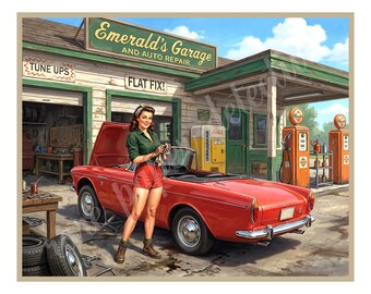 Pinup Girl in a Sassy Fantasy Garage Scene, 1950s Style Pin Up Art, 8" x 10" Matte Art Print , 26-a14