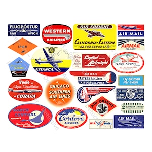 Francobolli postali aerei ed etichette per compagnie aeree, foglio di adesivi da tagliare e staccare, 22 etichette clipart per l'aviazione, adesivi per bagagli per aerei, carta artistica, 487R