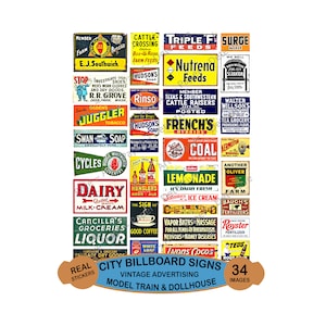 Model Signs for Trains & Dollhouses, Sticker Sheet, 34 Multi Scale Images, Miniature Signs are great for O-Scale and G-Scale Trains, #1001