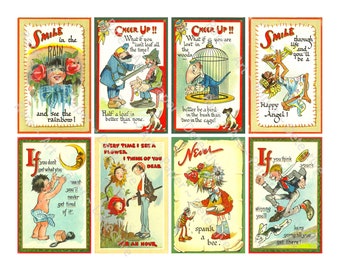 Inspirational & Comedy Stickers, Victorian Era Antique Style Postcard Images, 4" x 2.5" each, CUT and PEEL Sheet, 1277