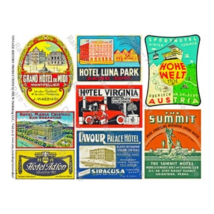 Travel Papers, Luggage Label, Sticker Sheet, Suitcase Decals, CUT & PEEL Sheet, Vintage Hotel Travel Trunk Labels, Baggage Tags, 634a
