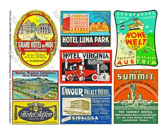 Travel Papers, Luggage Label, Sticker Sheet, Suitcase Decals, CUT & PEEL Sheet, Vintage Hotel Travel Trunk Labels, Baggage Tags, 634a