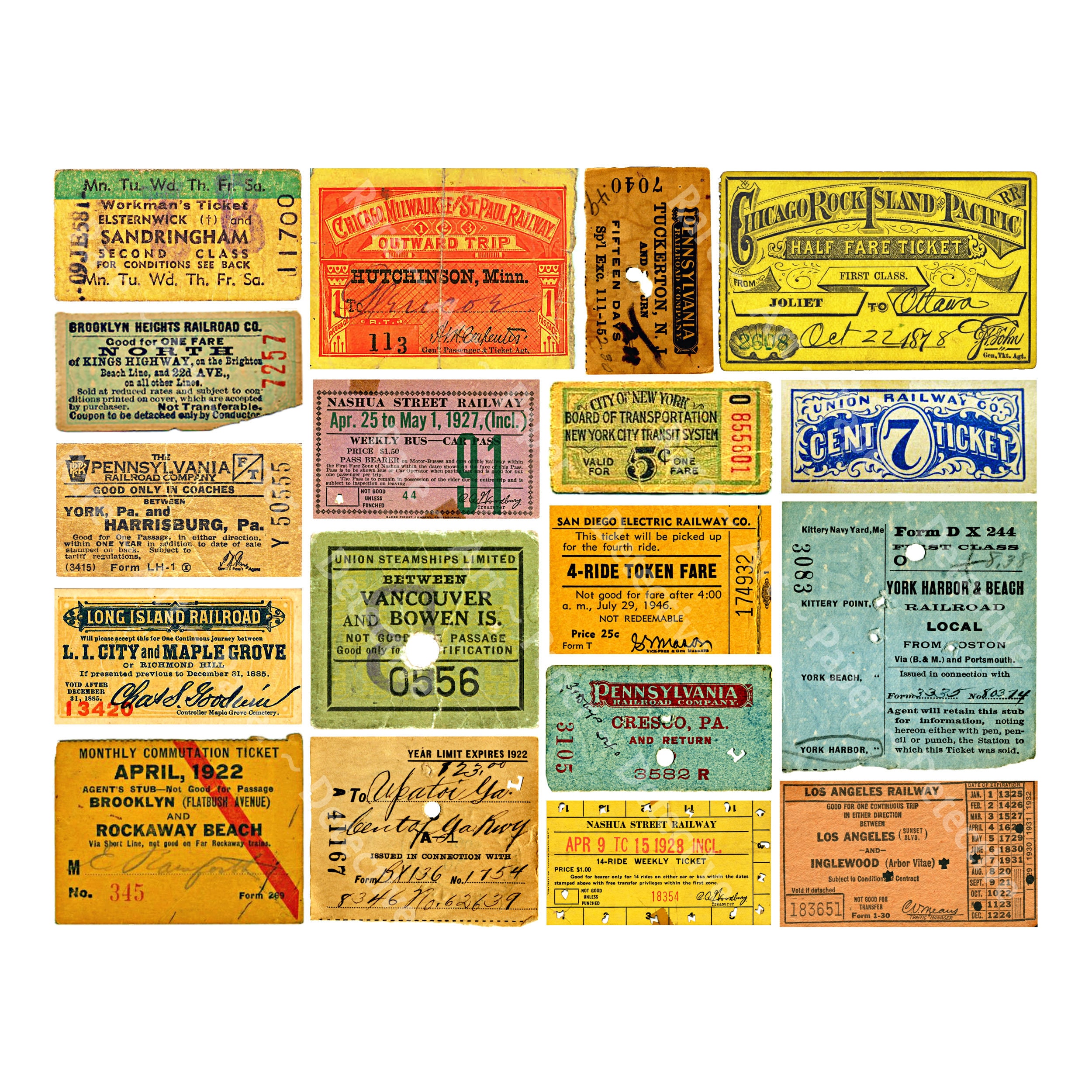 Ticket Stubs, 18 Reproduction Railroad Tickets, Train Travel