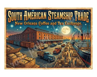 South American Steamship Trade, Coffee and Tea 1940s Style Fruit Crate Label Art, Retro Advertising, 7" x 10" Matte Art Print , 26-a39