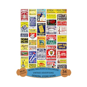 Dollhouse Diorama & Model Railroad Signs, Stickers, 34 Multi Scale Images, Miniature Signs are great for O-Scale and G-Scale Trains, #1002