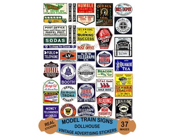 Model Railroad & Dollhouses Sticker Sheet, Hobby Signs, 37 Multi Scale Images, Miniature Signs are great for O-Scale and G-Scale, #1006