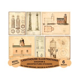 Lighthouse Stickers, Antique Lighthouse Diagram Drawings, Nautical Collage and Illustrations, 4&quot; Tall Each, CUT & PEEL Sheet, 1189