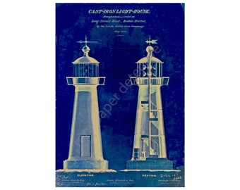 Lighthouse Blueprint, 7" x 10" Wall Art, Antique Lighthouse Drawing, Coastal & Nautical Décor, Light Station Architectural Print, 21-83