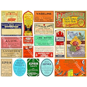 Adesivi per etichette di bottiglie di medicinali, 18 etichette colorate per armadietti di farmacie e farmacisti, accenti per il bagno, farmacia vecchio stile, 853