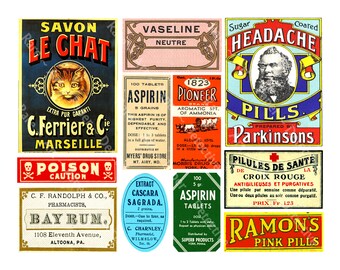 Puede incluir: Una colección de etiquetas de boticario vintage con texto y gráficos. Las etiquetas incluyen "Savon Le Chat", "Aspirin Tablets", "Headache Pills" y "Poison Caution". Las etiquetas son de varias formas y colores.