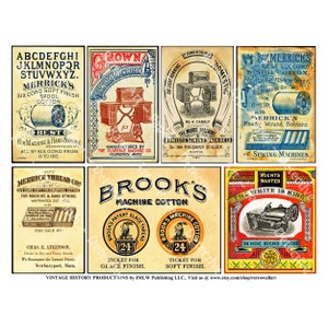 Sewing Machine Advertising Cards, REAL STICKERS, Fabric Arts, Vintage Sewing Illustrations, Cotton Thread Spools, Art Paper Collage Ads, 604