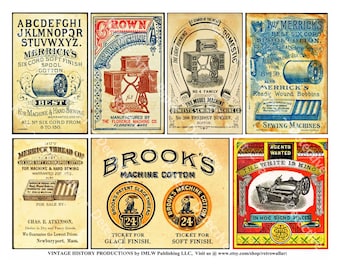 May include: Vintage advertisements for sewing machine supplies. The ads feature colorful illustrations of sewing machines, spools of thread, and other sewing accessories. The text includes brand names like Merrick's, Brooks, and The Model Machine.