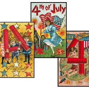 Fourth of July-prints, set van 3, patriottische 4 juli en Amerikaanse vlag verfraaiende illustraties, authentiek briefkaartformaat 3,5 x 5,5 inch, S19