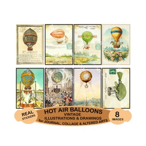 Adesivos de ilustração de balão de ar quente antigo, decalques de 3,75" de altura para projetos de decoração de casa, diários ou fabricação de presentes, folha de corte e descascamento, 1147