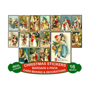 16 kerststickers, luxe set ouderwetse ansichtkaarten, elk 4 x 2,5 inch, kerstman, 2 knipvellen voor doe-het-zelvers, 2P73