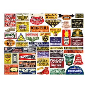May include: A collection of vintage-style advertising signs featuring various brands and products including Spratts Chicken, John Bull, Hudson's Soap, and various motor oils, ice creams, and food items in diverse shapes, colors, and typography.