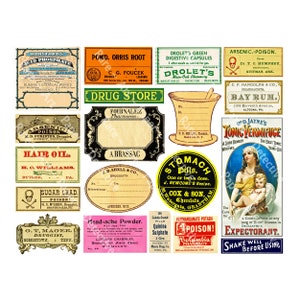 Victorian Apothecary Labels, 23 Medicine Bottle Decals, Pharmacy Tag,  Halloween DIY Labels, Digital Download Sheet, Druggist Decals, 371Q 