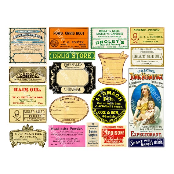 Medical Stickers, Old Fashioned Pharmacy Apothecary Poison Labels, 19  Adhesive Medicine Cabinet Bottle Stickers, Bathroom Decoration, 889 