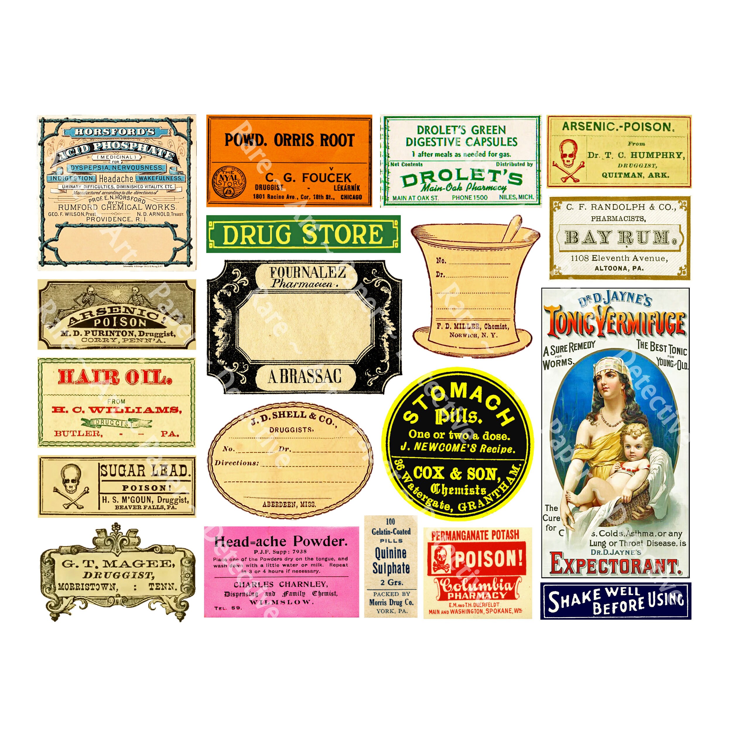 Medical Stickers, Old Fashioned Pharmacy Apothecary Poison Labels, 19 Adhesive Medicine Cabinet Bottle Stickers, Bathroom Decoration, 889