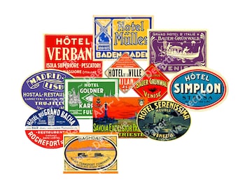 May include: A collection of vintage travel stickers featuring hotels and destinations in Europe. The stickers are colorful and feature illustrations of buildings, boats, and landmarks. Some of the stickers include the names of hotels, such as "Hotel Verban", "Hotel Muller", "Hotel Goldner", "Hotel Simplon", and "Hotel Serenissima".