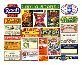 Puede incluir: Una colección de etiquetas de farmacia y droguería de estilo vintage con varios anuncios coloridos, nombres de productos médicos e ilustraciones que incluyen Rexall, Savon Le Chat y diversos remedios con texto.