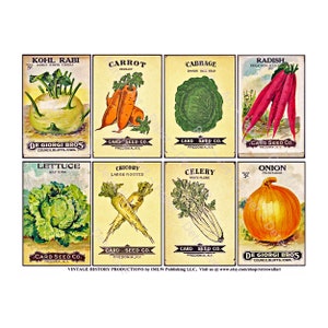 Paquets de graines de légumes anciens, feuille d'autocollants, paquets de graines vintage, enseigne de serre de jardin, abri de jardin rustique, papier éphémère victorien, 617