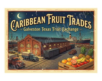 Caribbean Fruit Trades, 1940s Style Fruit Crate Label Art, Retro Advertising, 7" x 10" Matte Art Print , 26-a35