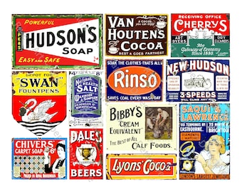 12Pcs. Old Rusty Metal Tin Advertising Signs, Sticker Sheet, General Store Advertising, Model Train Signs, Antique Metal Sign Collage, 716A