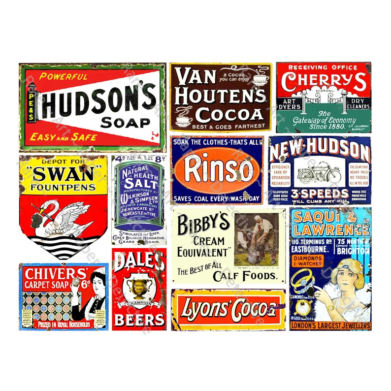 General Store Advertising 12Pcs Old Rusty Metal Tin Advertising Signs Antique Metal Sign Collage Sticker Sheet 716A Model Train Signs