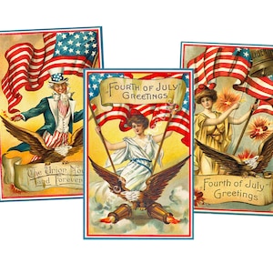 Stampe del 4 luglio, set di 3, illustrazioni patriottiche per la decorazione della quarta di luglio e della bandiera americana, autentico formato cartolina da 3,5 "x 5,5", S27