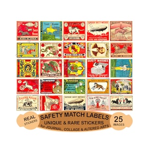 Stickers veiligheidslucifers, authentieke maten, elk 2 inch breed, luciferdooslabels, 25 stuks junkjournals, CUT & PEEL-stickervel, 1219