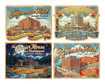Luggage Hotel Stickers from The Golden Age of Travel, 4 Retro Baggage Labels, Cut and Peel Sheet, 1425