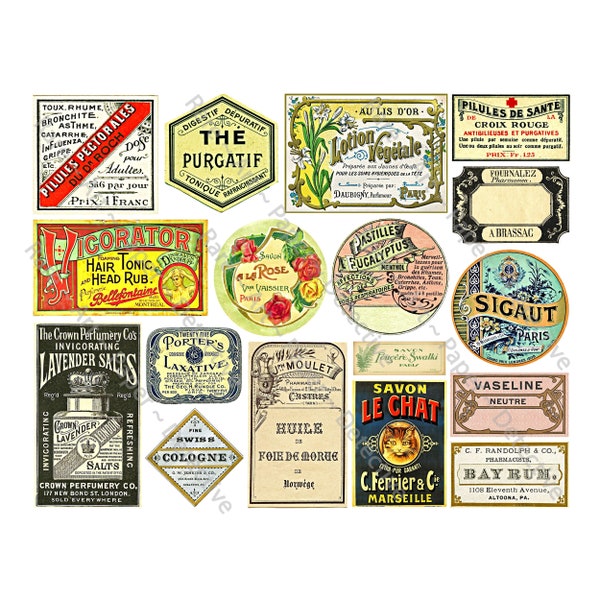 Apothecary Box Label Stickers, Retro French Chemist Bottle Stickers, Elegant Antique Pharmacy & Druggist Label Decals, Perfume, Powders, 849