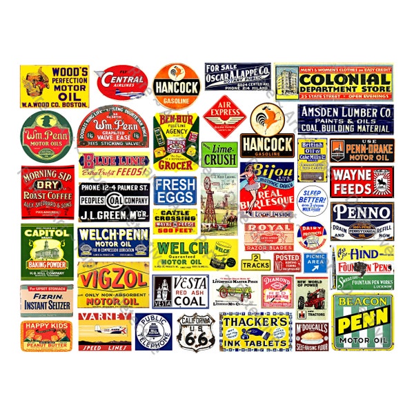Model Railroad Signs, Sticker Sheet, 50 Coal, Oil, Farm and Advertising Signs, H-O Scale, Hobby Images, Miniature Rusty Metal Signs, Set 517