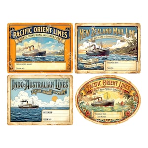 Może przedstawiać: Cztery etykiety podróżne w stylu vintage z ilustracjami statków na morzu. Etykiety są dla Pacific Orient Lines, New Zealand Mail Line i Indo-Australian Lines. Każda etykieta ma miejsce na dane pasażera.