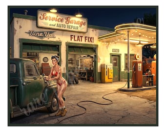 Pinup Girl in a Sassy Fantasy Garage Scene, 1950s Style Pin Up Art, 8" x 10" Matte Art Print , 26-a15