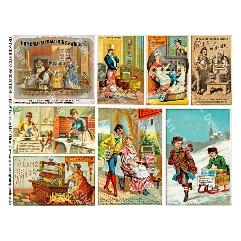 Laundry Room Trade Cards, Printed Sheet, Vintage Ads, Antique Washing Machine, Old Laundry Room Advertising & Retro Decorating Signs, 749 image 1