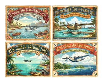 South Pacific Airline Labels from The Golden Age of Travel, 4 Big Retro Labels, Cut and Peel Sheet, 1449