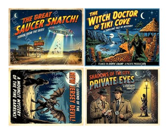 Nostalgic Retro 1950s Movie Poster Stickers for Decor Making, 5" x 4" each, Easy Cut and Peel Sheet, 1549