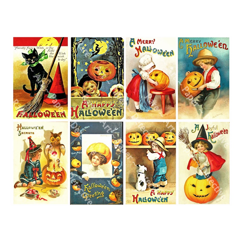 16 Vintage Spooky Halloween Decorations Halloween Postcard Party Novelty Halloween Stickers Antique Pumpkin Collage Paper 2P43 2 Sheets