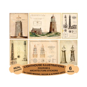 May include: A collage of six vintage lighthouse illustrations. The images feature detailed architectural diagrams and drawings of various lighthouse designs. The text on the image reads "LIGHTHOUSE ILLUSTRATIONS DIAGRAM & ARCHITECTURE STICKERS for CARD MAKING, DECOR & ALTERED ARTS".