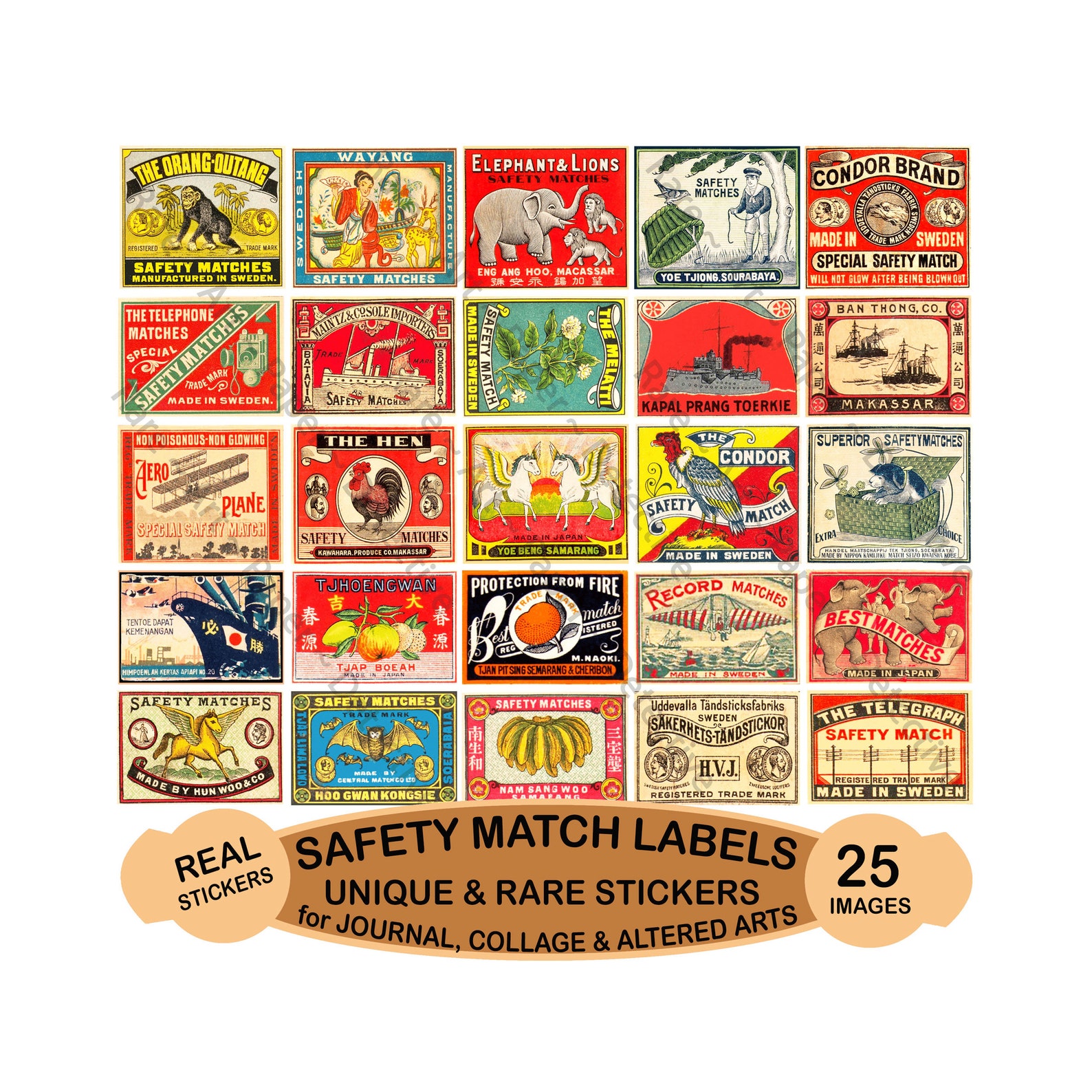Matching Label Safety Match Label Stickers, Authentic Sizes, 2