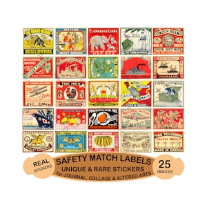 Safety Match-labelstickers, authentieke maten, elk 2" breed, Matchbook-kunstlabels, 25 stuks Junk Journals, CUT & PEEL-stickervel, 1218